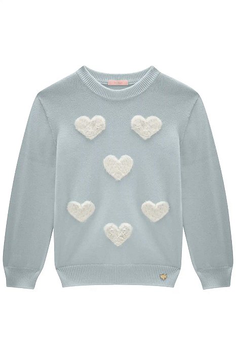Blusão Blusa Tricô 100% Algodão Coração Estilosa Azul Claro