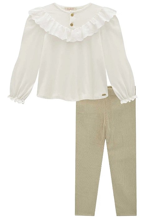 Conjunto Blusa Manga Longa e Legging Veludo Branco Menina