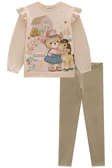 Conjunto Blusão de Moletom e Legging Veludo Urso Cavalo Rose