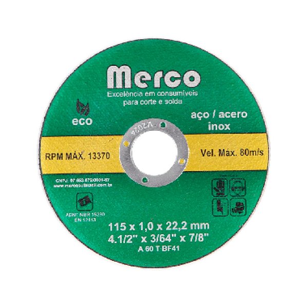 Disco de Corte Merco - 4.1/2 Pol x 1,0mm x 22mm (115mm)