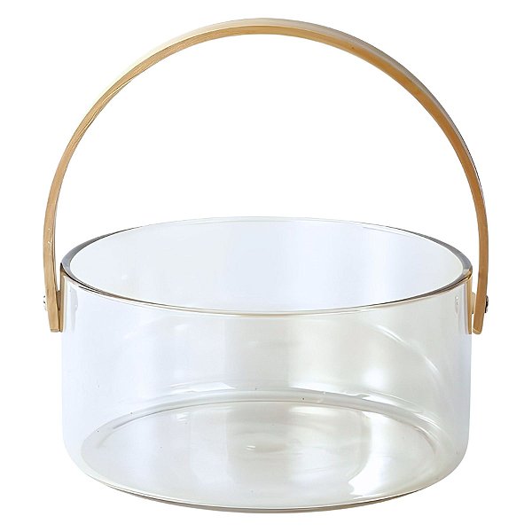 Cesto de Vidro Decoracao Alca de Bambu Minimalista Moderno