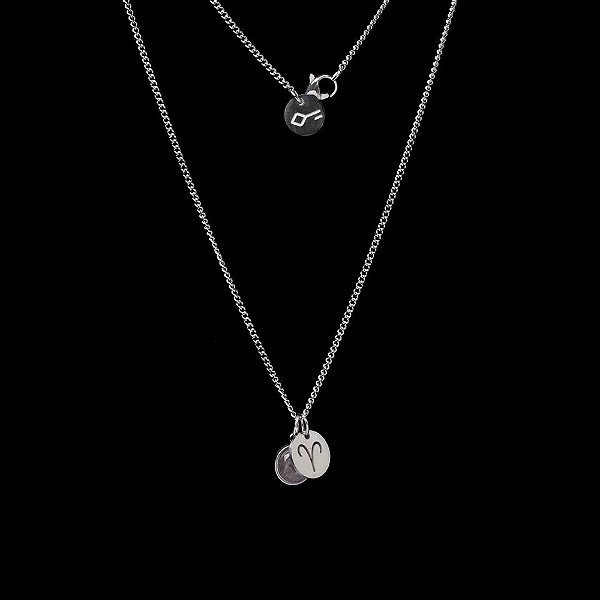 Colar Key Signo Aries de Aco Prata e Pedra Natural Ametista Roxa 5649