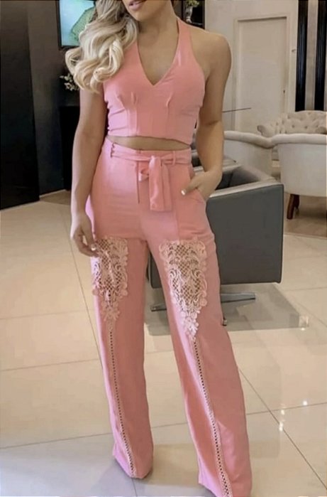 Conjunto calça com renda e croped - M