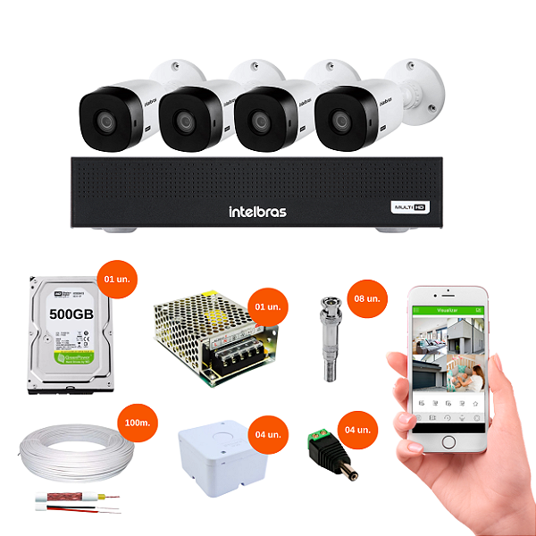 Kit 4 Câmeras + DVR 4 Canais 1 Mega com HD 500GB Intelbras