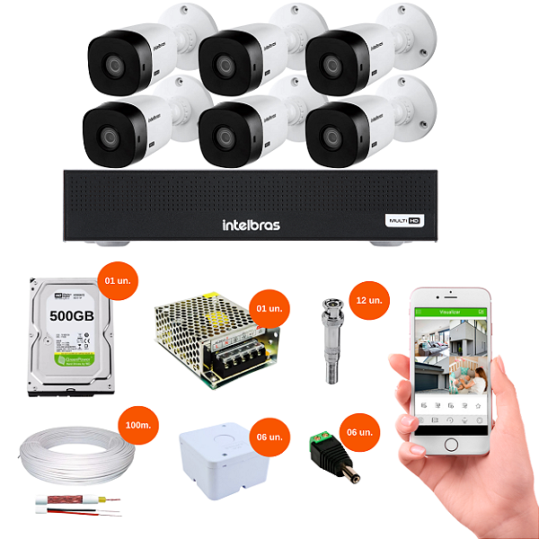 Kit 6 Câmeras + DVR 8 Canais 1 Mega com HD 500GB Intelbras