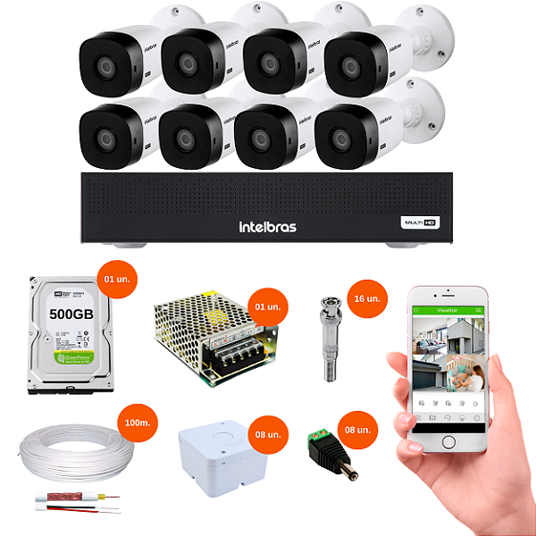 Kit 8 Câmeras + DVR 8 Canais 1 Mega com HD 500GB Intelbras
