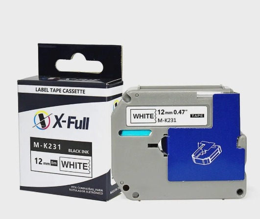 Fita para Rotulador 12mm x 8m Branco/Preto Marca X-Full Referência M-K231 M231 MK231 para PT-80 PT-70