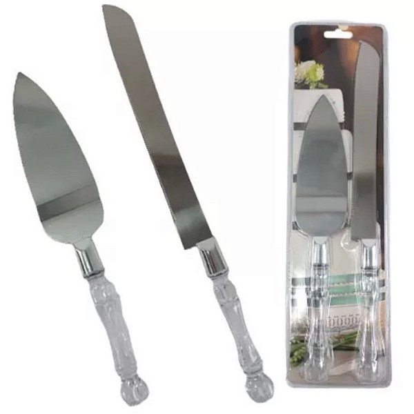 Kit Faca Espátula Bolo Pães Torta Aço Inox Cabo Acrílico Para Servir HM19