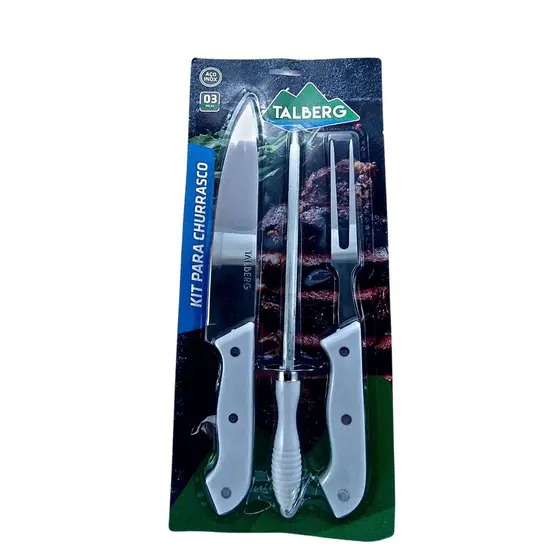 KIT CHURRASCO C/ 3 PCS, 1 FACA, 1 GARFO, 1 AFIADOR-  VL0220