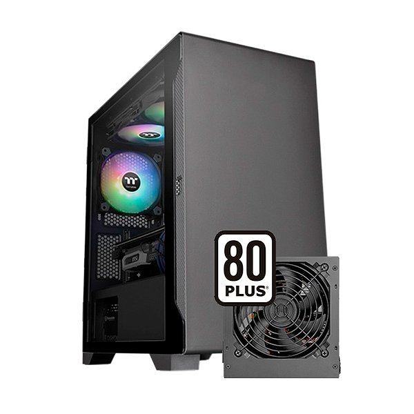 Gabinete Thermaltake Versa S100 TG, com fonte 600W, microATX, Vidro temperado - Preto