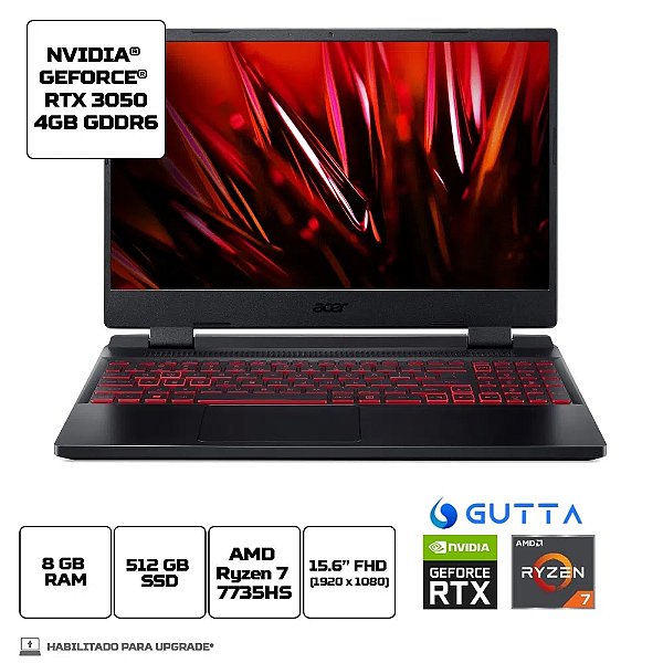 Notebook Acer Nitro 5 AN515-47-R9ES, Tela 15.6" FHD IPS, AMD Ryzen 7-7735HS, 8GB RAM DDR5, 512GB SSD, GeForce RTX 3050 4GB, Linux Gutta