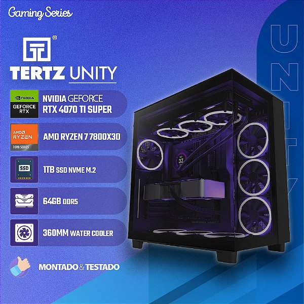 PC Gamer TERTZ Unity, RTX 4070 TI SUPER, AMD Ryzen 7 7800X3D, 1TB SSD, 64GB DDR5, Water Cooler 360mm, Chipset B650
