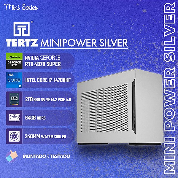 Mini PC TERTZ MiniPower, Prata, RTX 4070 SUPER, Intel Core i7-14700KF, 2TB SSD, 64GB DDR5, Water Cooler 240mm, Chipset Z790