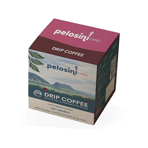 Drip Coffee Pelosini Cafés - Cereja Descascado caixa com 10 sachês de 10 g cada.