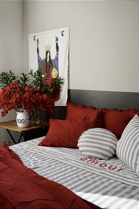 Lençol 3 peças Listra Bordado AMOR