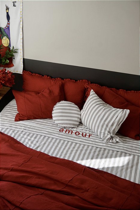 Lençol 3 peças Listra Bordado AMOR