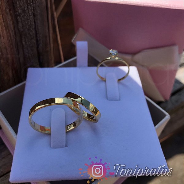 aliança 3mm banhada / anel solitário cristal banhado incluso