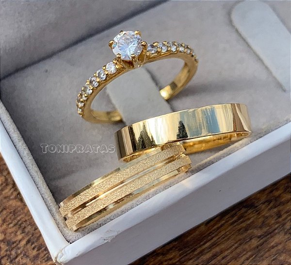alianças marlene 4mm banhadas a ouro e anel cinderela