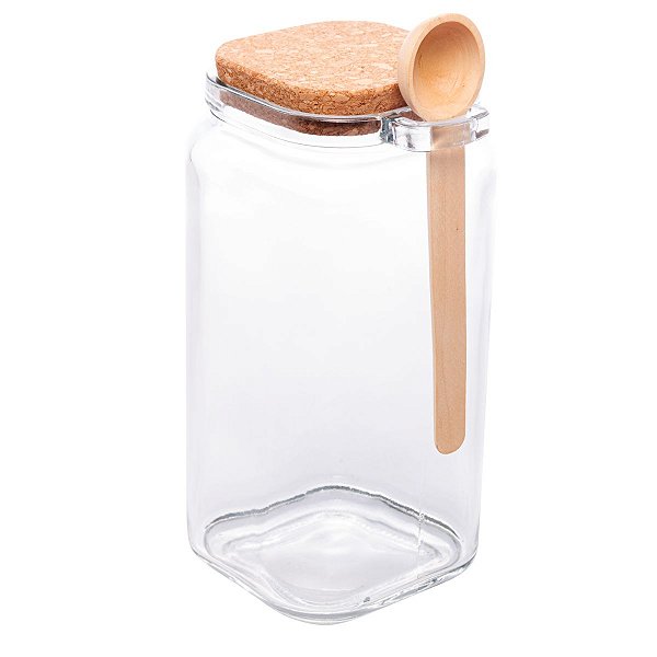 Pote De Vidro Quadrado C/ Rolha E Colher Em Bambu 1L