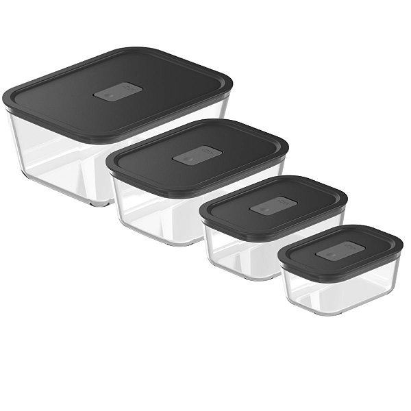 Kit Com 4 Potes De Vidro Hermético Fresh Lock Preto