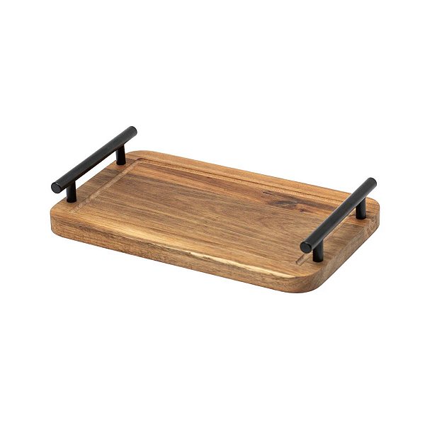 Bandeja de Madeira Acácia com Alças em Metal Retangular 30CM