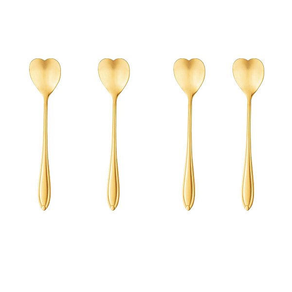 Conjunto 4 Colheres Chá e Café Aço Inox Coração Dourado