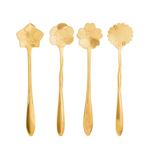 Conjunto 4 Colheres Aço Inox para Chá e Café Flores Dourado