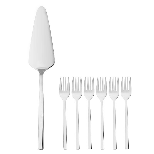Conjunto Sobremesa 7 Peças para Bolo Prateado Aço Inox