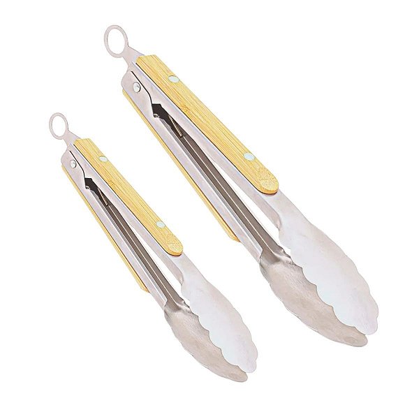 Kit Pegador Bambu E Inox Carne  Salada Pinça 34cm e 27cm