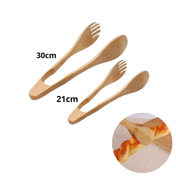 Kit 2 Pegador de Saladas Bambu Multiuso Alimentos 30 e 21cm