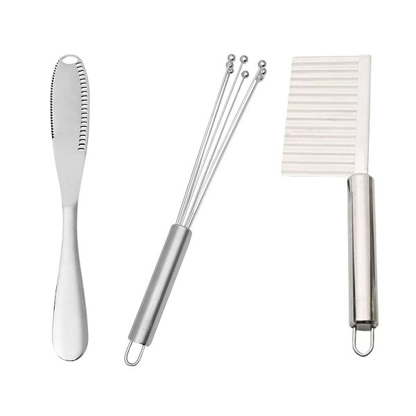 Kit 3 Utensílios Faca Manteiga Cortador Ondas e Batedor Ovos