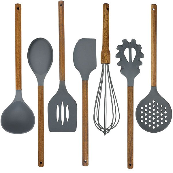 Kit 7 Utensílios Cozinha Silicone Cinza Cabo Madeira Acácia