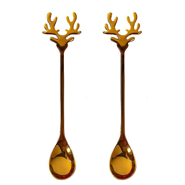 Kit com 2 Colheres Natalina de Rena 14X2,5cm Dourada