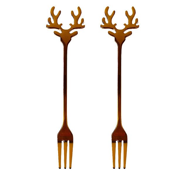 Kit com 2 Garfos Natalino de Rena 14X1,8cm Dourada