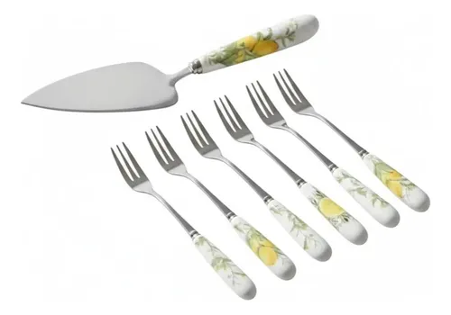 Jogo Talher Limone 7 Peças Pá Bolo e 6 Garfos Cabo Porcelanam,