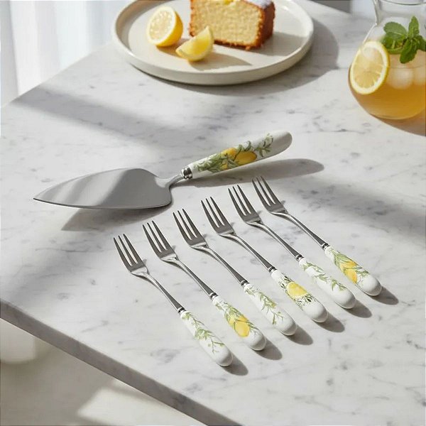 Jogo Talher Limone 7 Peças Pá Bolo e 6 Garfos Cabo Porcelanam,