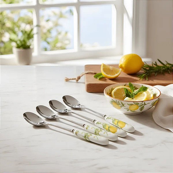 Jogo Colher de Sobremesa Limone 4 Peças Cabo Porcelana