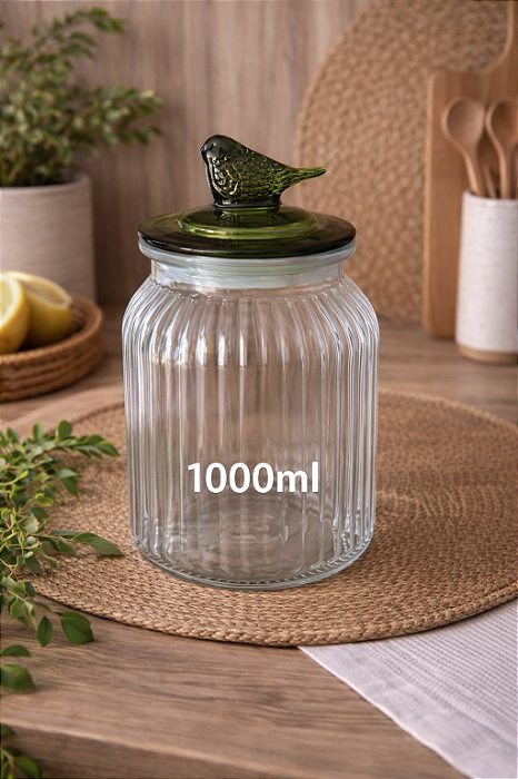 Pote de Vidro Hermético Canelado Pássaro Verde 1000ML