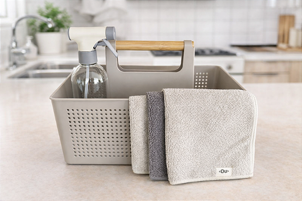 Kit Organizador Bege com 1 Borrifador e 3 Panos de Limpeza