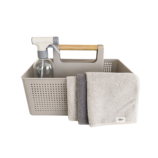 Kit Organizador Bege com 1 Borrifador e 3 Panos de Limpeza