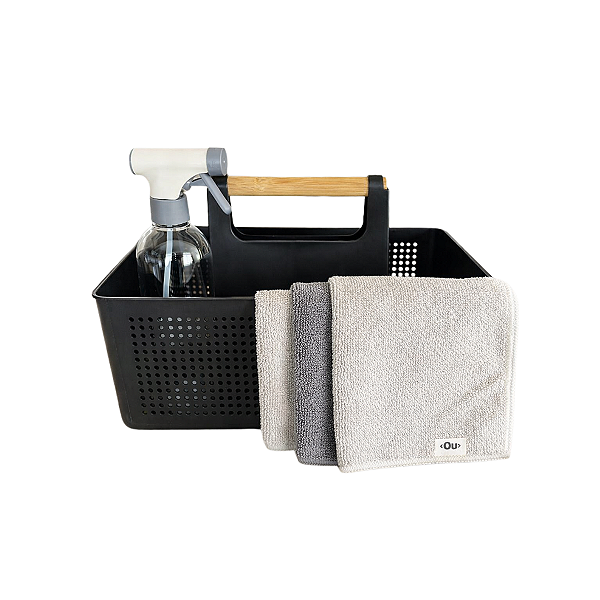 Kit Organizador Preto com 1 Borrifador e 3 Panos de Limpeza