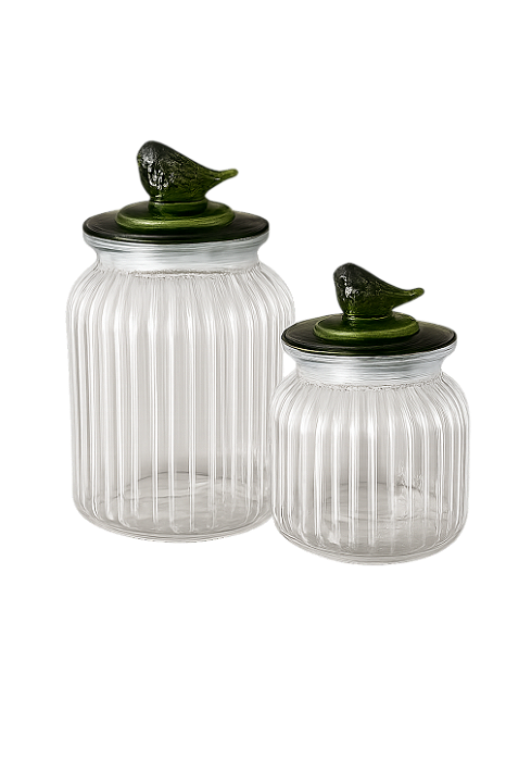 Kit 2 Potes de Vidro Canelado Tampa Pássaro Verde 1L e 600ml