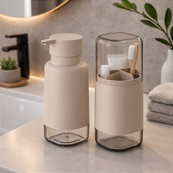 Kit 2 Peças p Banheiro Porta Sabonete e Porta Escova Bege