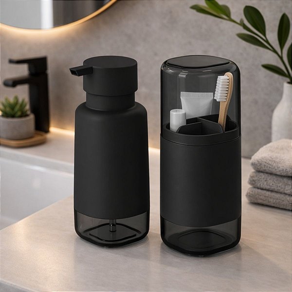 Kit 2 Peças p Banheiro Porta Sabonete e Porta Escova Preto
