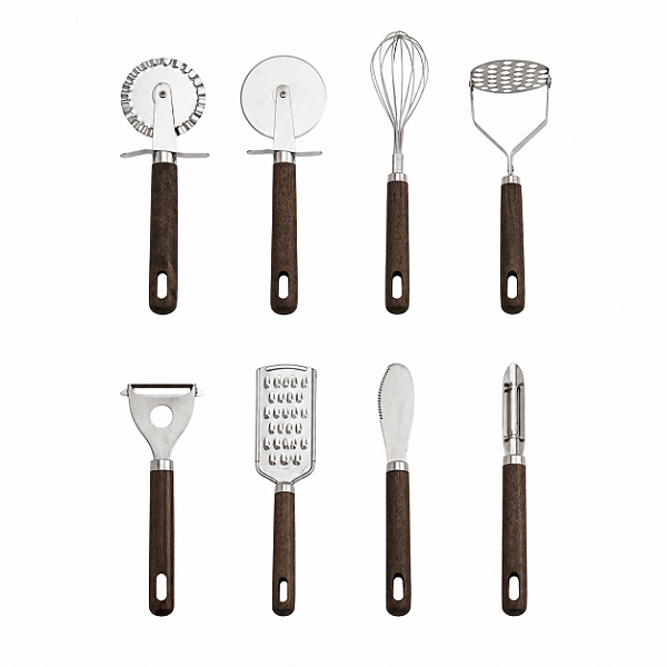 Kit Utensílios Cozinha 8 Peças Cabo Wood Inox Premium