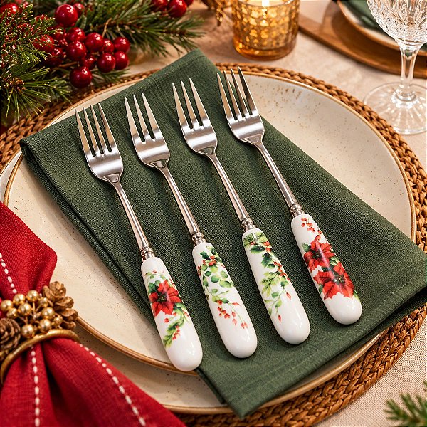 Jogo De Garfo Para Sobremesa Estampada Natal Com 4 Peças