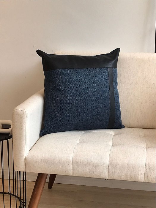 Capa para Almofada de Linho azul com corino