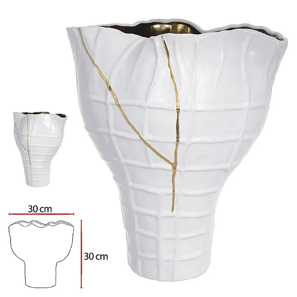 VASO DECORATIVO CERÂMICA BRANCO E DOURADO