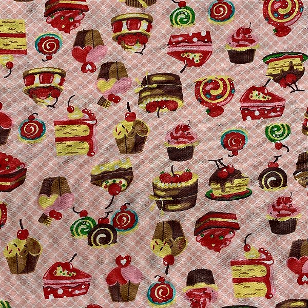 Tecido Tricoline 100% Algodão - Estampa Cupcake - 50cmx1,40m