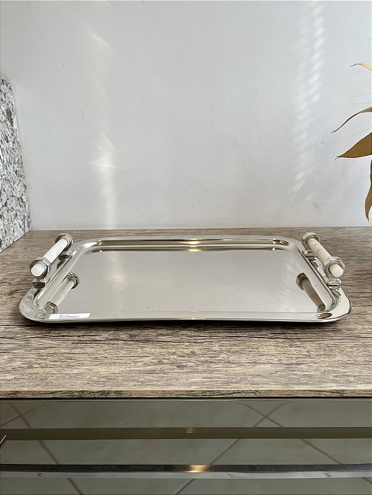 Bandeja Alecrim em Aço Inox e Mármore 46x33 - Breton (Mostruário de Loja)
